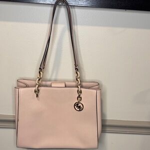 Michael Kors Jet Set Saffiano Leather Light Pink Tote with Pink & Gold Chain